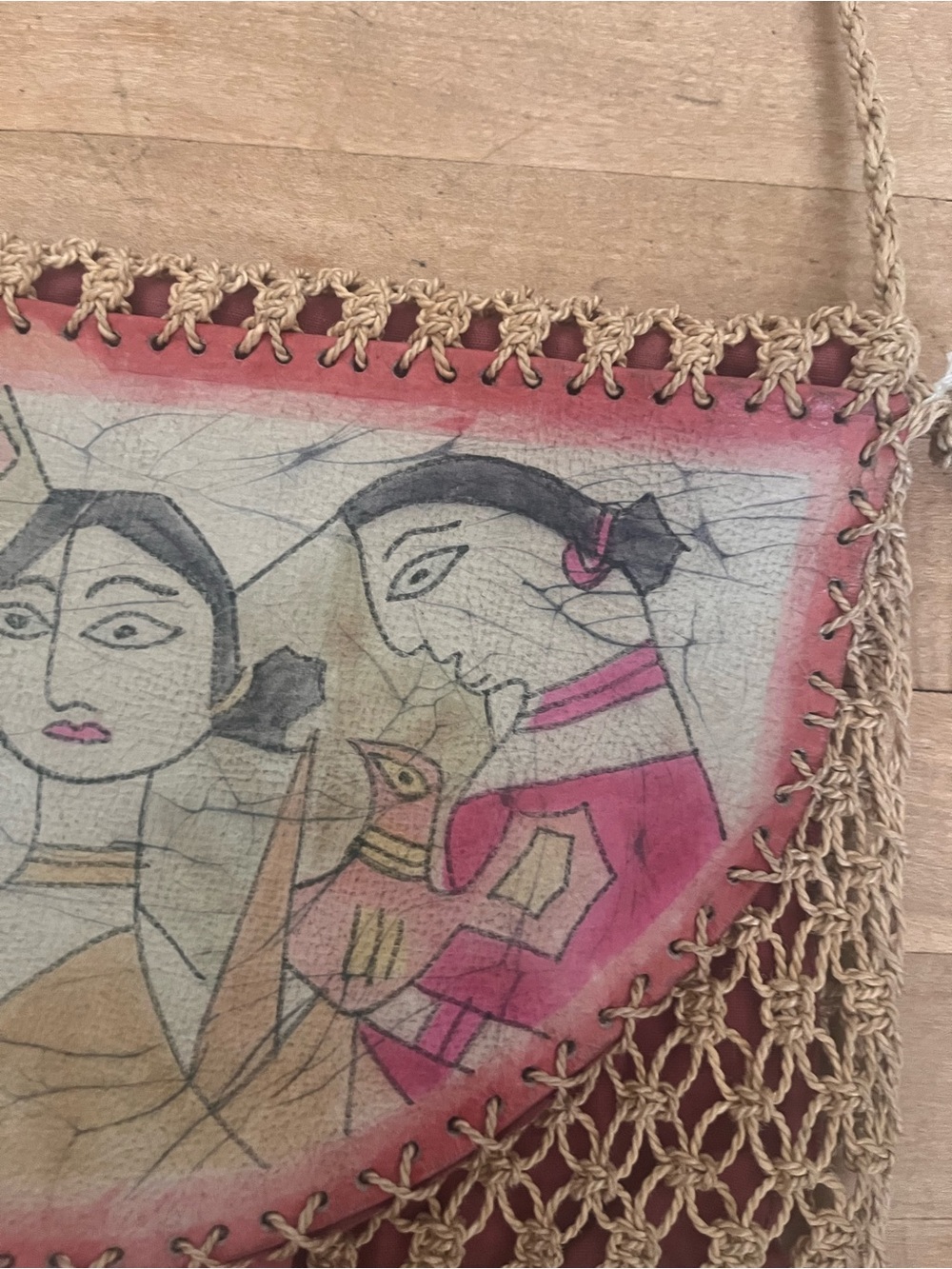Vtg 1970s Madhubani HandPainted Jute leather macrame SlingBag Authentic Folk Art - Picture 8 of 12